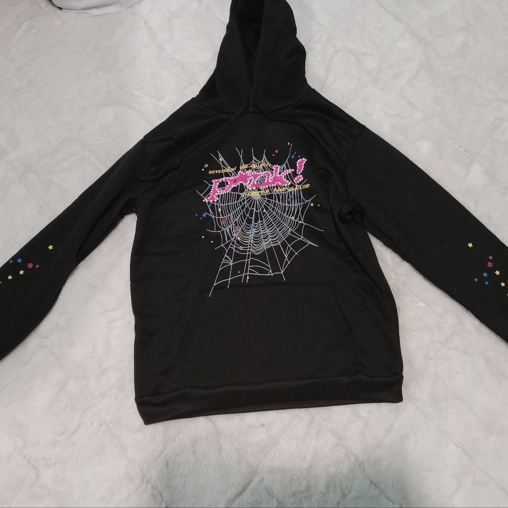 Black Hoodie with Spider Web and Pink Graphic
